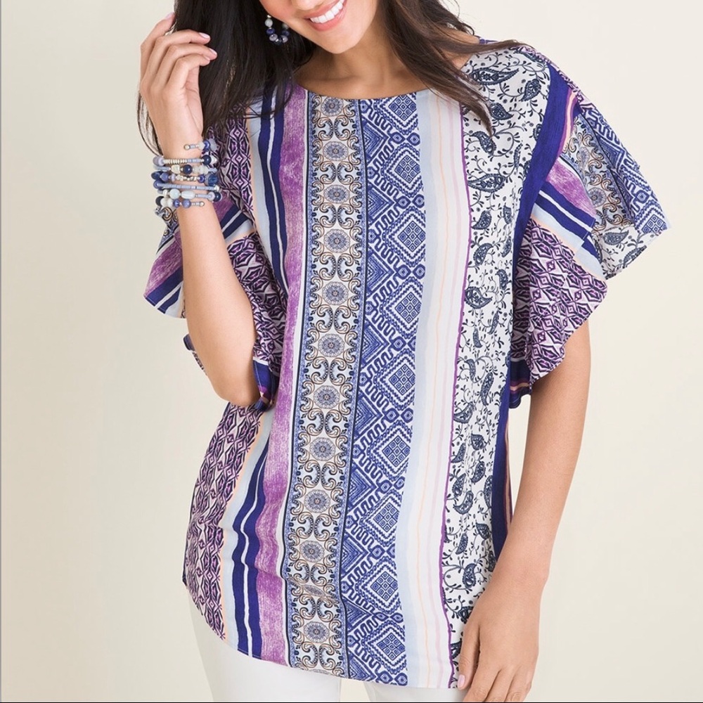Chico’s Mixed-Print Flutter-Sleeve Top